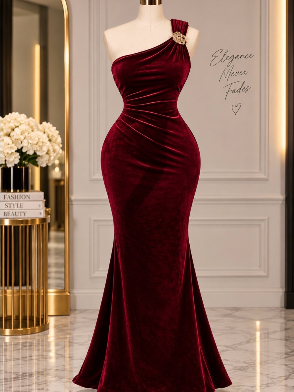 Women’s One-Shoulder Velvet Evening Gown - Burgundy